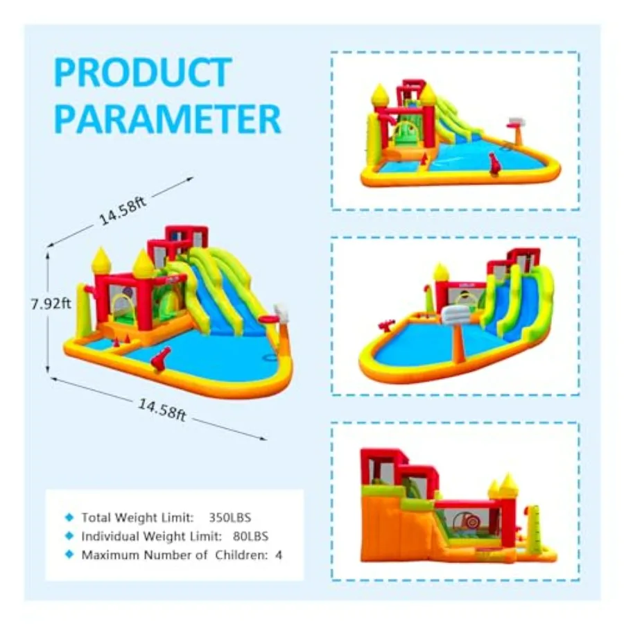 Backyard inflatable bounce house with slide, PVC material, blue and yellow, includes blower, splash pool, water cannon, and cli view 5