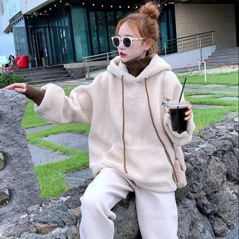 Imitation Lamb Wool Suit Women\'s Autumn and Winter Korean Version Loose Fake Two-piece Top Woolen Pants Two-piece Set Trendy