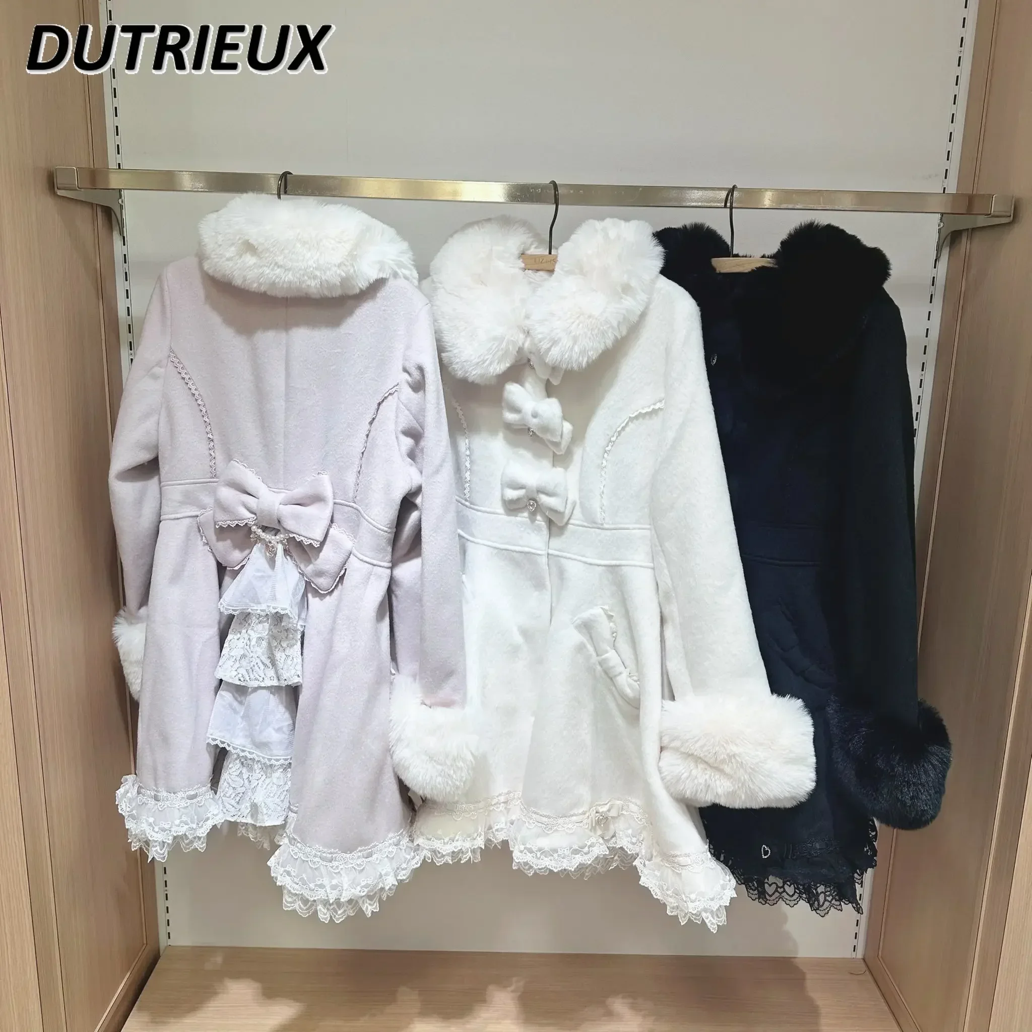 Japanese Winter Explosion Mine Series Mass Production Bow Fur Collar Jacket Sweet Layer By Layer Hem Mid-length Woolen Coat