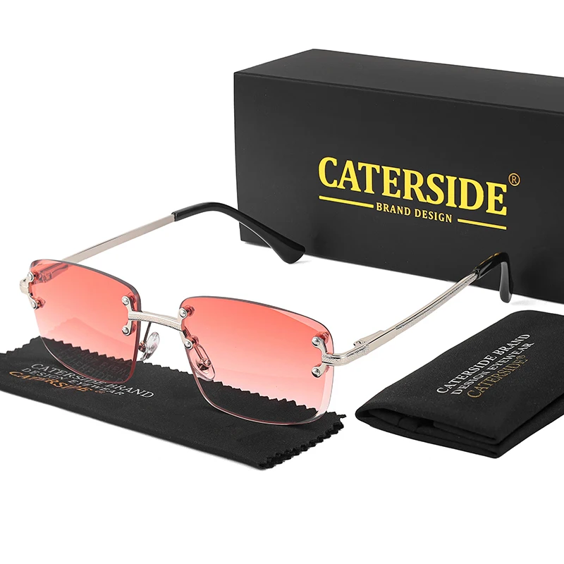 CATERSIDE Retro Carving Rimless Metal Frame Gradient Men's Sunglasses Punk Luxury Women's Eyewear Small Rectangle Sun Glasses