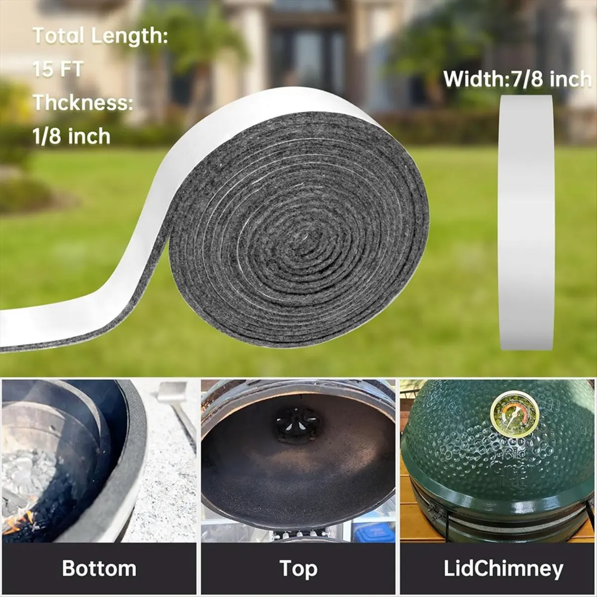 AT16 High Temp Grill Gasket for Ceramic Lid Top BBQ Smoker Gasket,Self Stick 15 Ft Long,7/8in Wide,1/8in Thick