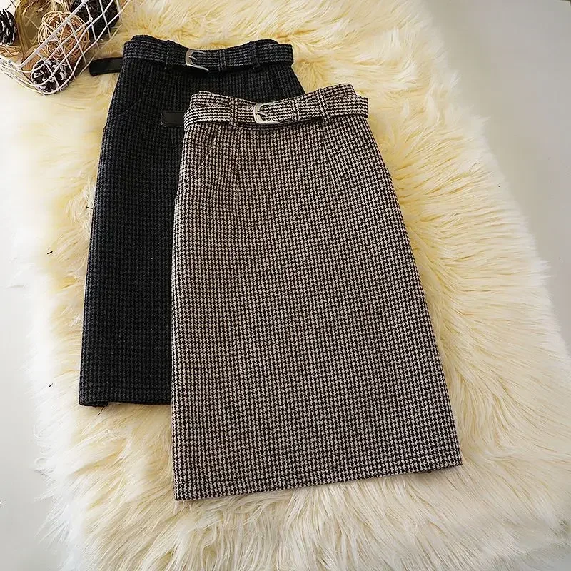 

New Woolen Skirt Women's Autumn Winter Pocket A- Line Retro Anti-Exposure Midi Houndstooth Woolen One-Step Skirts Femme E535