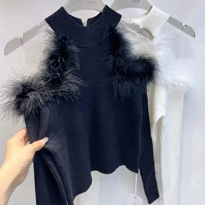 Neploe  Trend New Half-high Collar Pullovers Sexy Off Shoulder Feather Tops Women Y2k Slim Fit Knitted Bottoming Sweaters