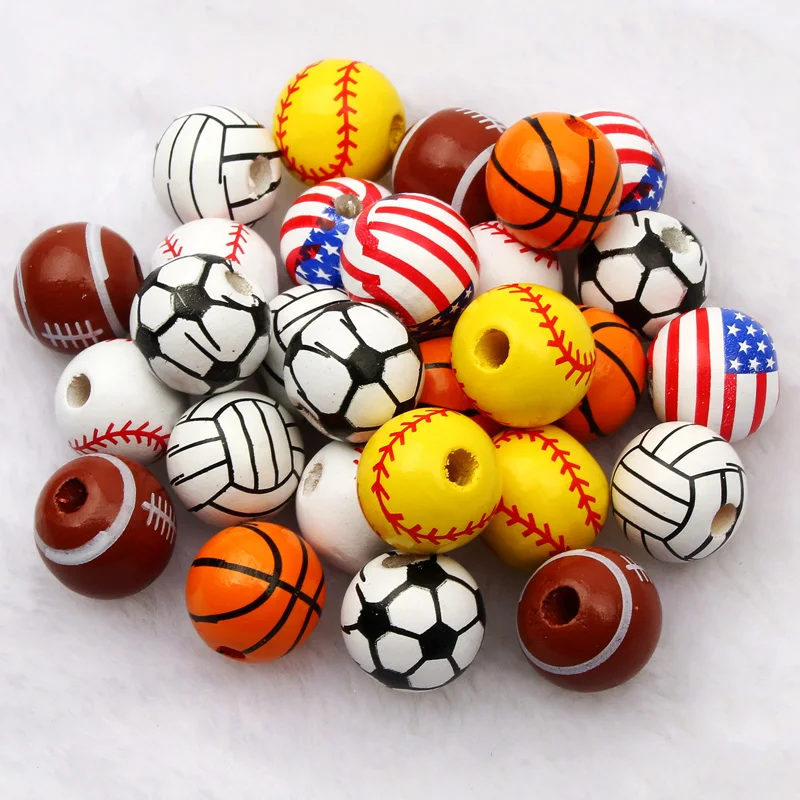 10pcs 16mm Basketball Baseball Spacer Beads Round Ball Wooden Beads For Making Bracelet Necklace DIY Jewelry Supplies