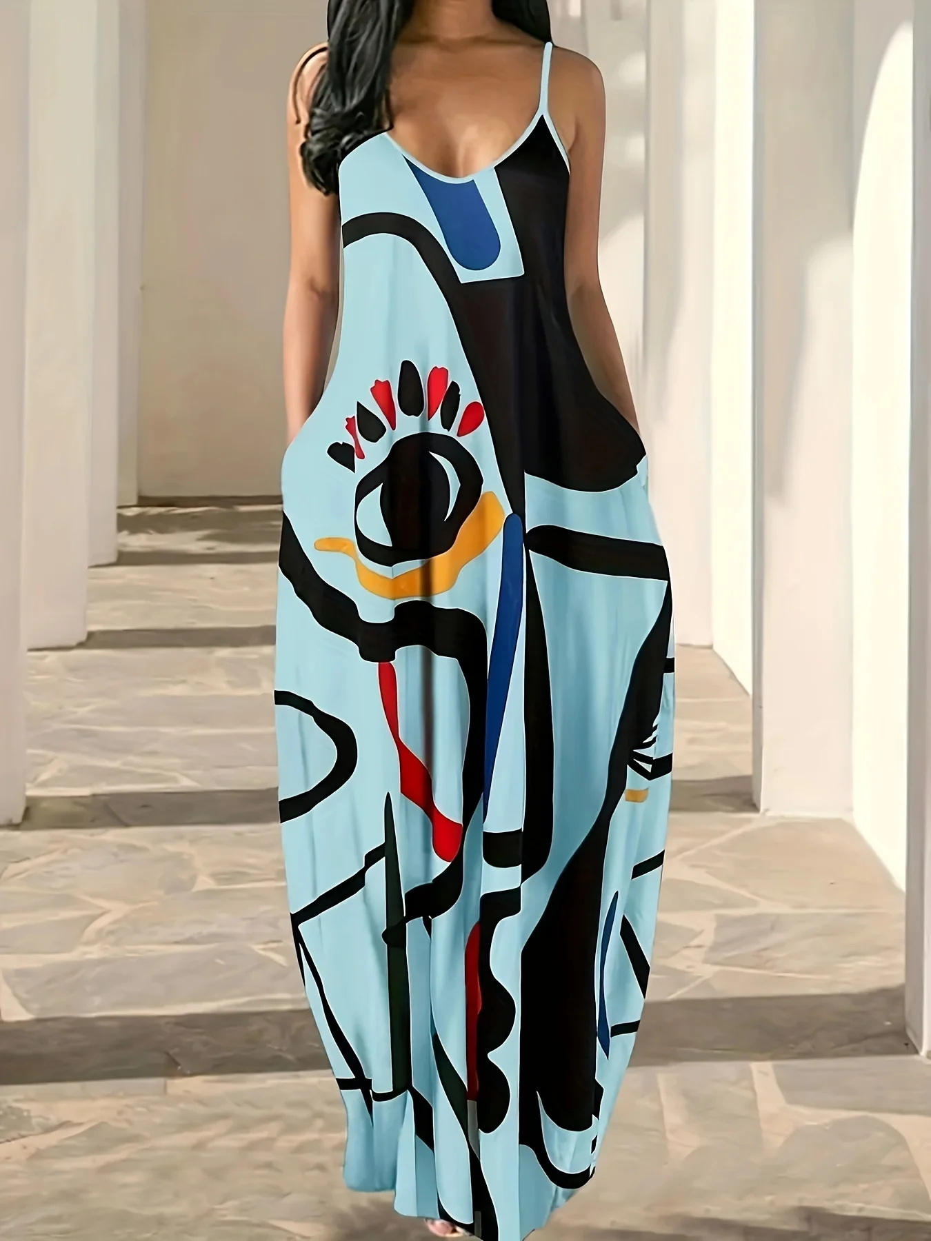 Europäischer und Amerikanischer Stil Abstrakter Kunstdruck Neckholder Maxikleid Locker V-Ausschnitt mit Bindebändern und Taschen Lässiges Urlaubskleid – Detail 2