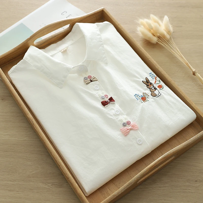 New Spring Autumn Women Bow Embroidered Long-sleeved Shirt White Color Cotton Casual Sweet Female Slimming Blouse Tops U040