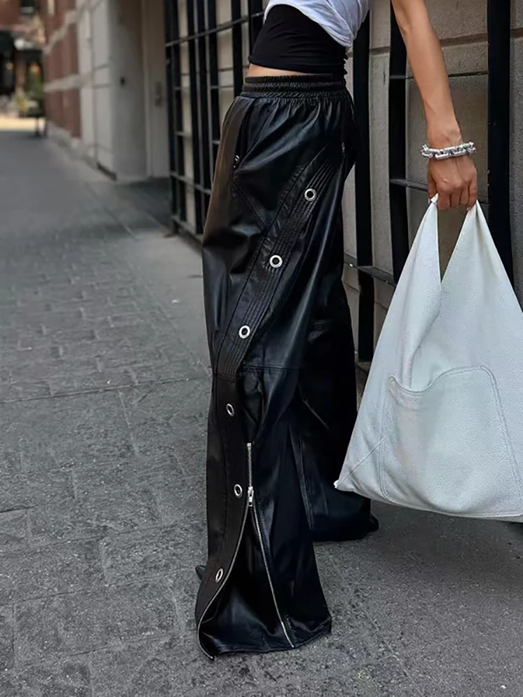 

Женские черные широкие брюки из искусственной кожи с боковыми пуговицами, повседневные свободные брюки, новый стиль осень-зима 2025 г.