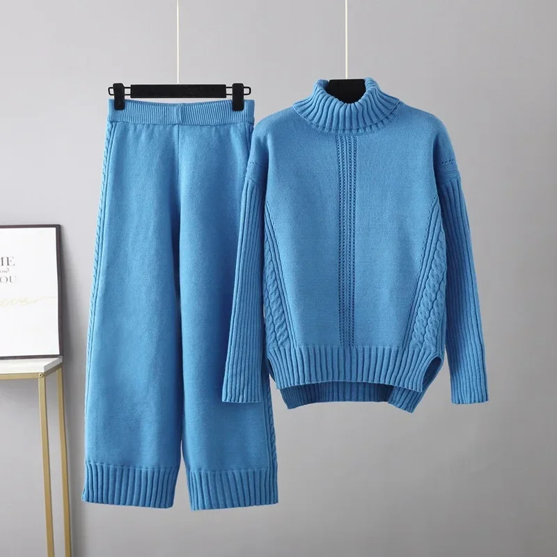 Damen 2-teiliges Set aus Rollkragenpullover und Mantel, Lässige Weite Hose mit Elastischem Bund, Herbst-Winter-Outfit – Detail 6