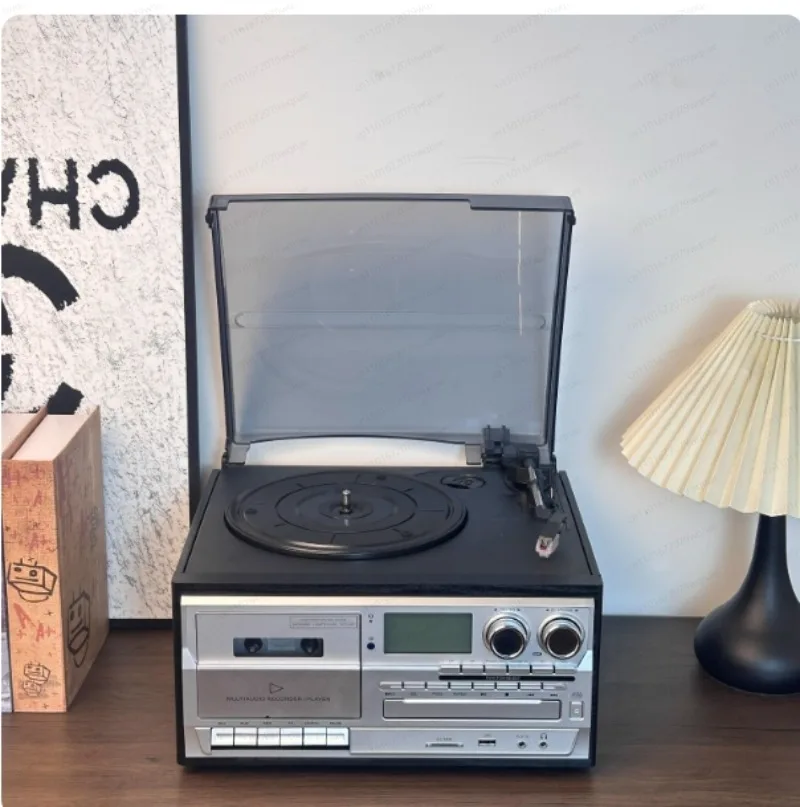 Retro 3-in-1 vinyl record player CD tape Bluetooth playback, built-in stereo speakers, wooden desktop stereo