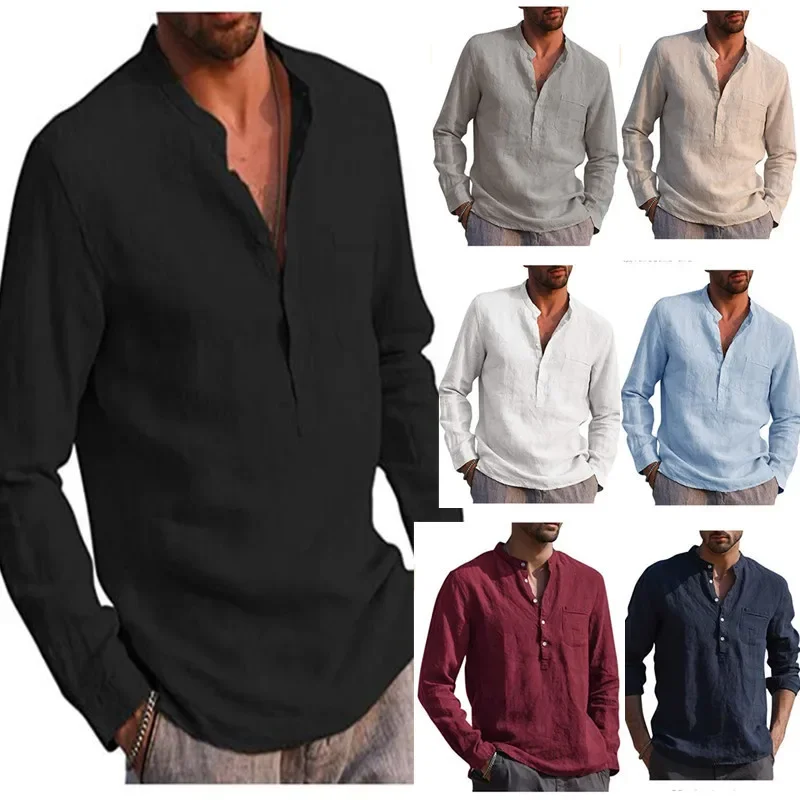 Plus Size Men Shirt Cotton Linen Hot Sale Men's Long-Sleeved Shirts Summer Solid Color Stand-Up Collar Casual Beach Style