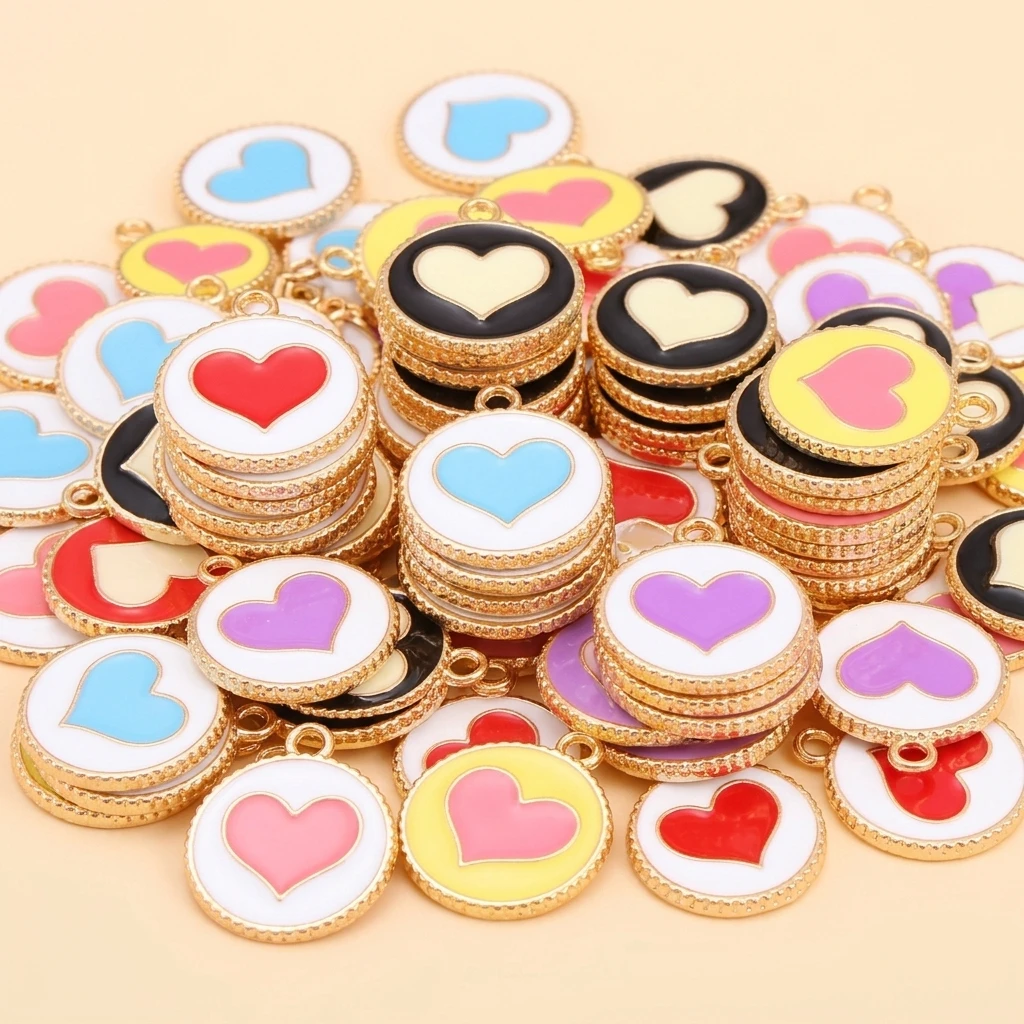 15Pcs Fashion Round Enamel Love Heart Charms Alloy Jewelry DIY Accessories Rubber Band Necklace Earrings Pendants Supplies
