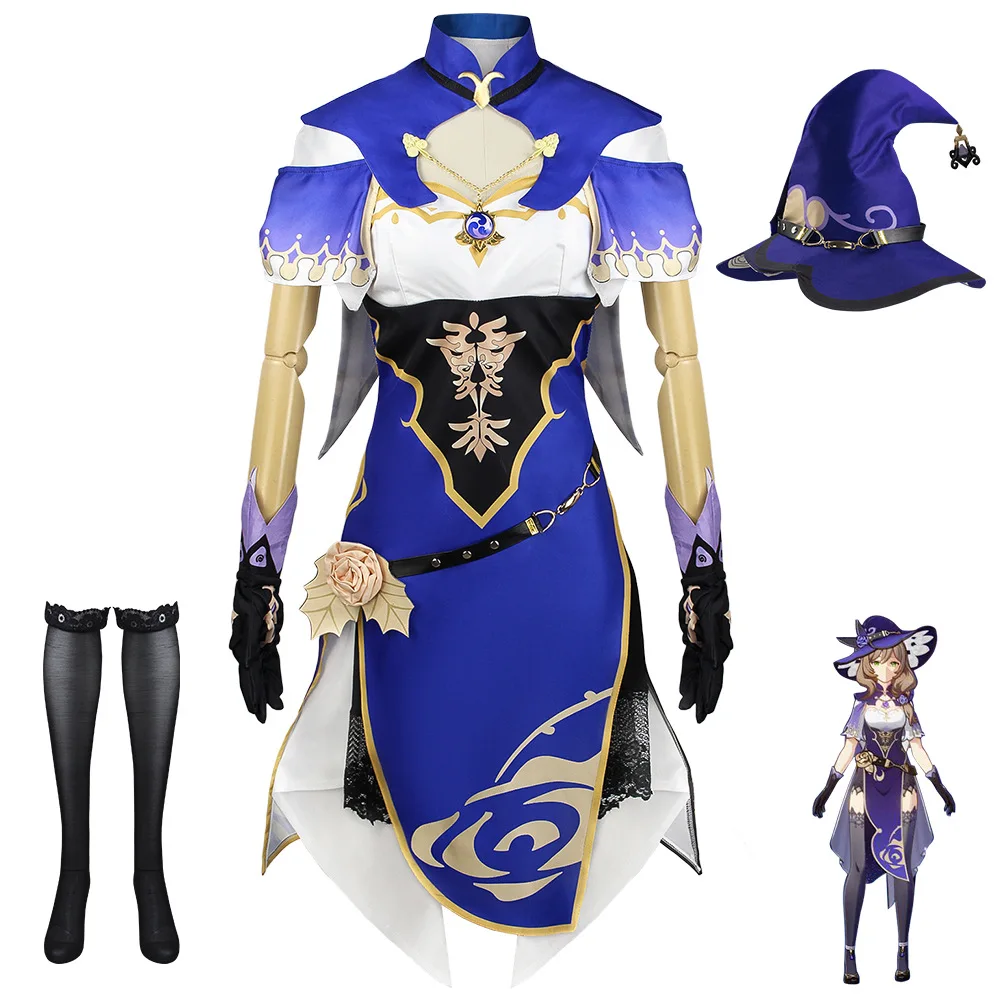 Genshin Lisa Cosplay Kostüm Anime Spiel Genshin Impact Lisa Perücke Kleid Hut Handschuhe Outfits Lisa Halloween Kostüm für Frauen