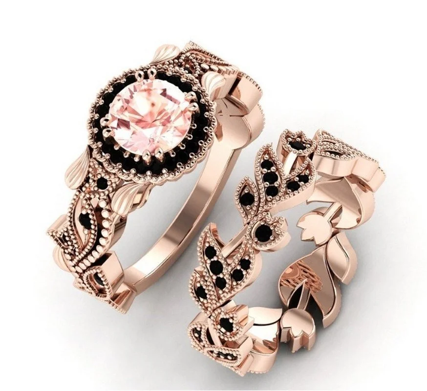 2 Pieces/set Exquisite Rose Gold Color Black Zircon Ring Vintage Flower Vine Inlaid with Champagne Stones Wedding Ring Set