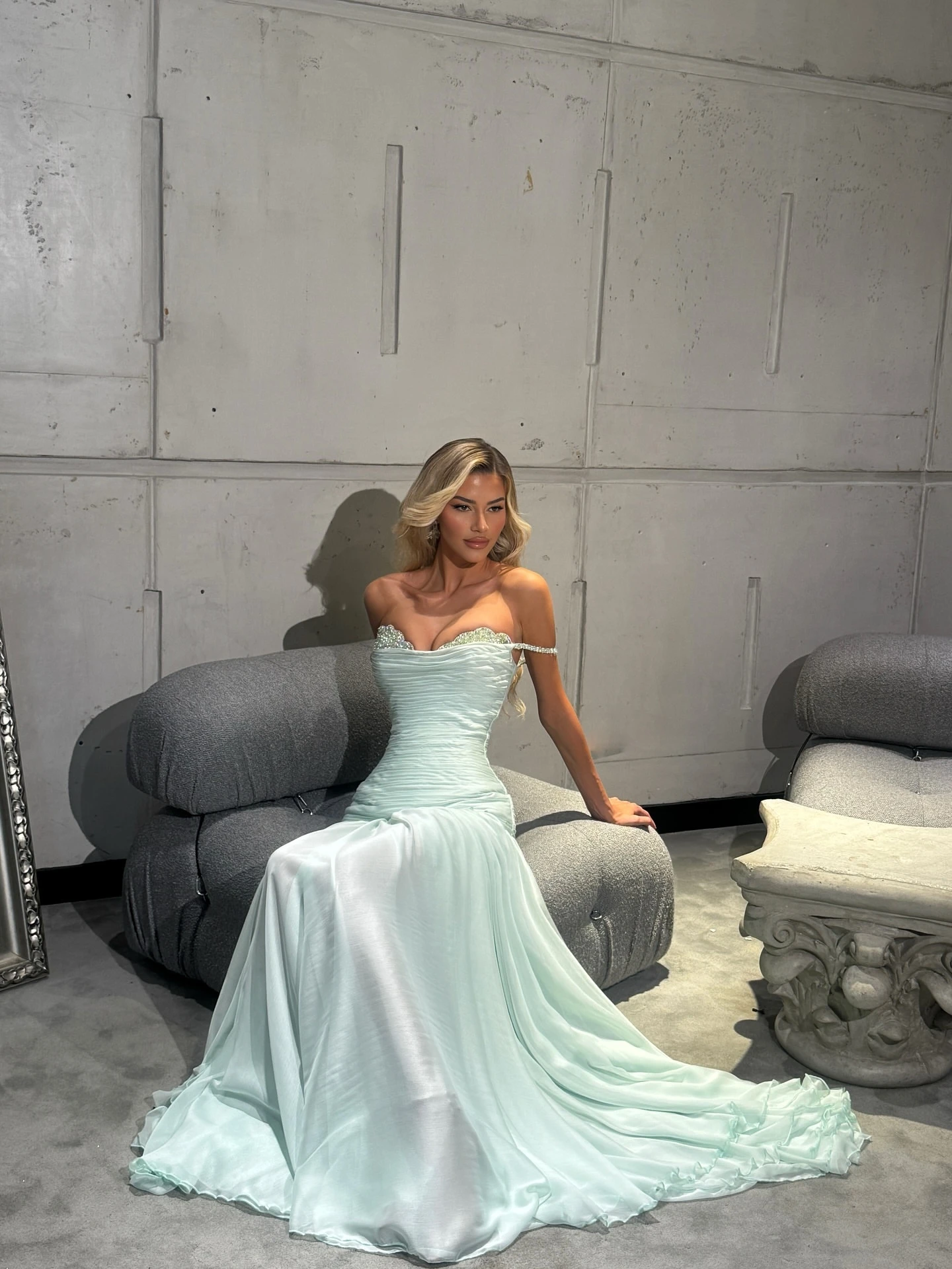 Galarity Light Blue Prom Dress Off Shoulder Special Occasion Dress Ruched Beaded Party Dress Formal Evening Dress Customized image 6