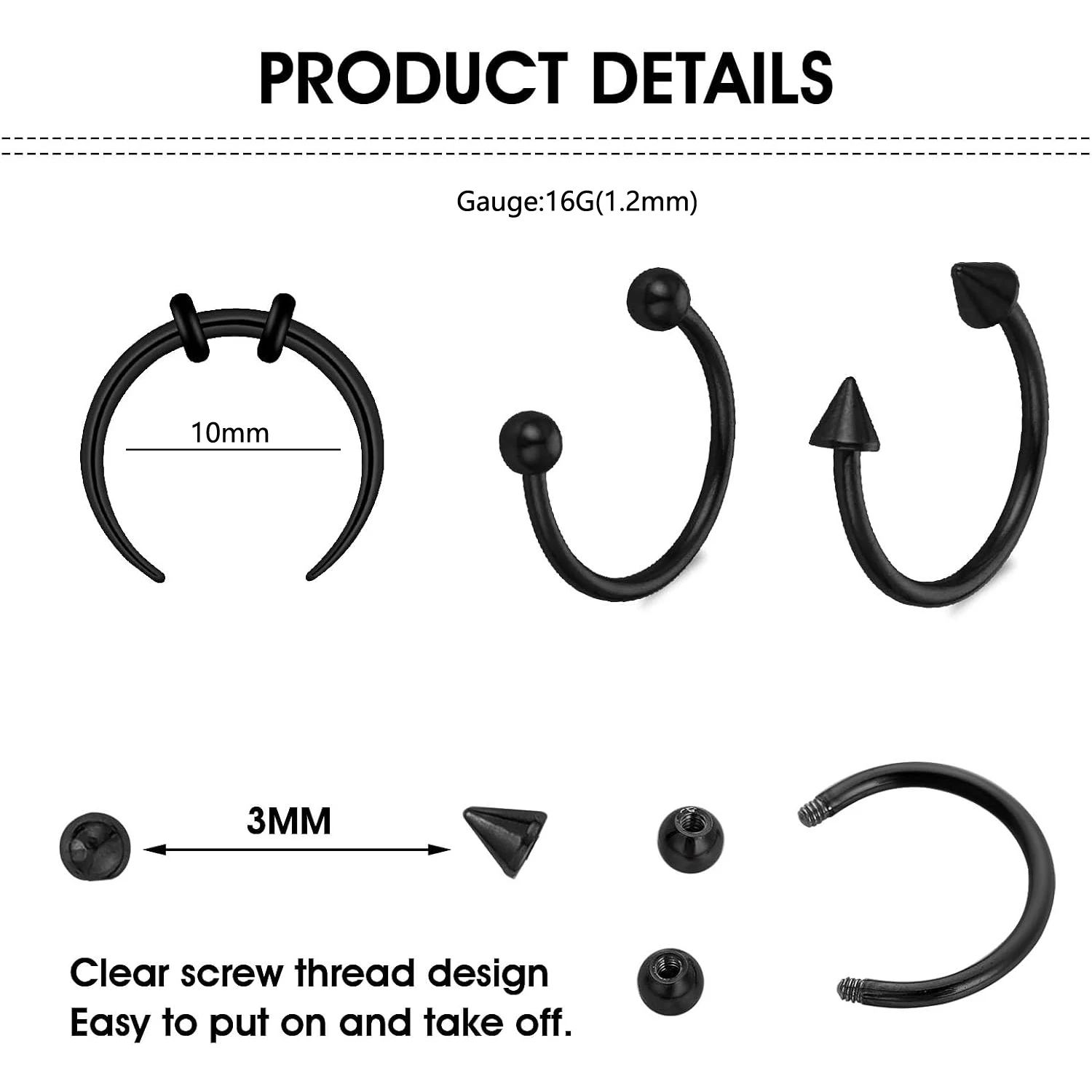 15Pcs Set Septum Nose Rings with Replace Ball 16g Horseshoe Earring Hoop Stainless Steel Piercing Jewelry for Women and Men