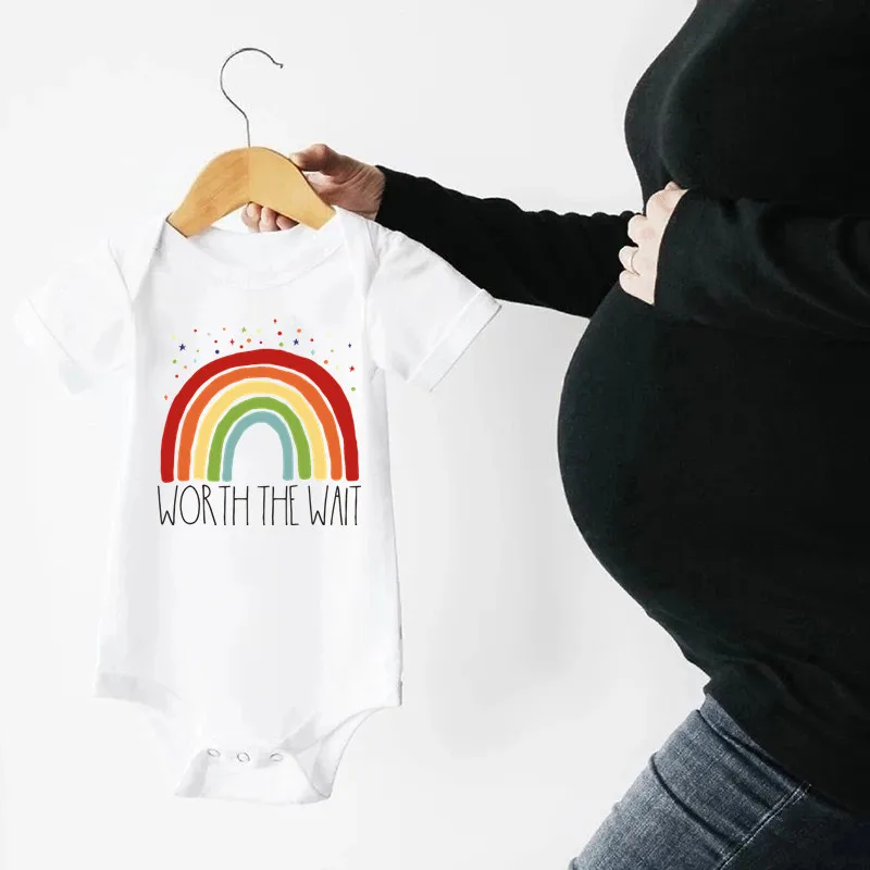 

Announce pregnancy Worth The Wait Rainbow Stars Print Baby Romper Newborn Clothes Cotton Summer Baby Bodysuit