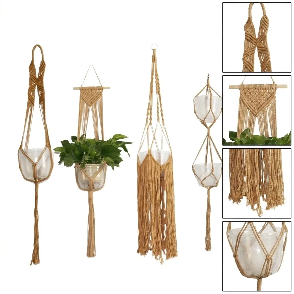 5 Piece Macrame Plant Hanger Set Hand Knitted Cotton Rope for Indoor Outdoor Plants Boho Style 27.6 to 41.3 in