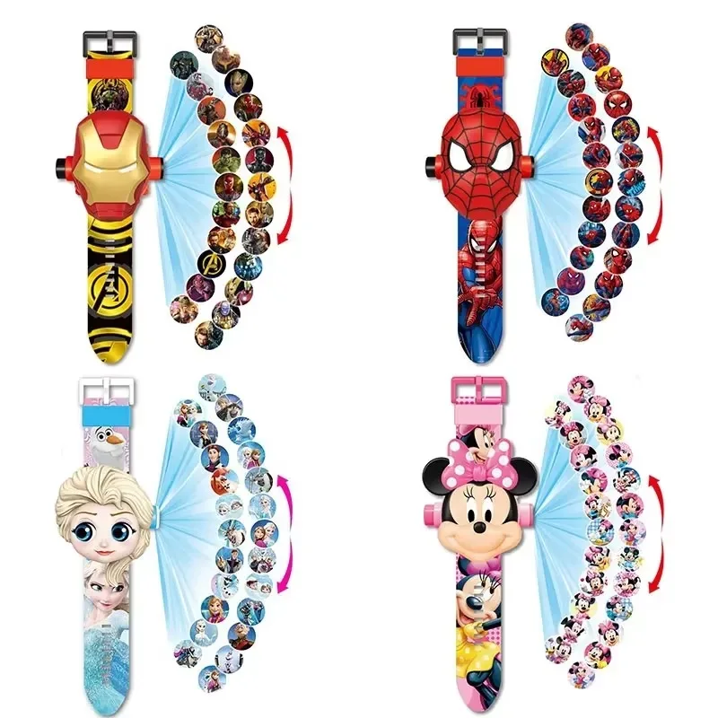 Disney Mickey Mouse Projection Watch Frozen Elsa Princess Marvel Spiderman Wristband Electronic Figure Toy for Children Gifts