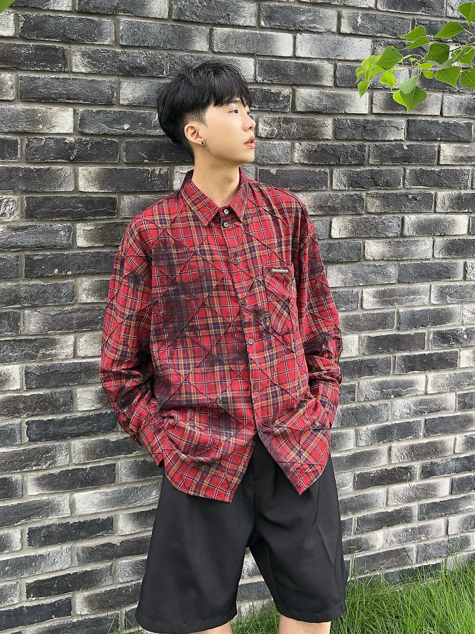 Fashion Male Chic Tops Rhombus Three-dimensional Texture Plaid Long-sleeve Shirts Men's 2024 Autumn Winter Loose Cotton Shirts