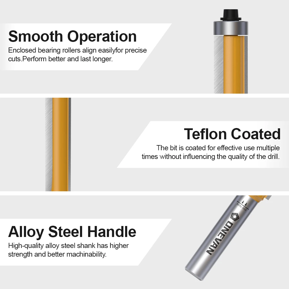 ONEVAN 8MM Shank Flush Trim Bottom Bearing Router Bits Set, Industrial Grade Tungsten Carbide Milling Cutter for Woodworking