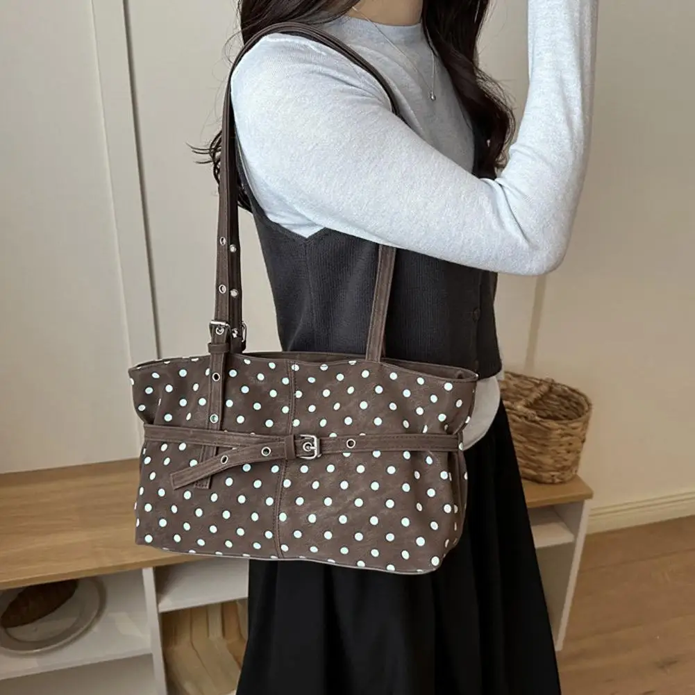 Damen-Tragetasche mit Polka-Dots, große Kapazität, Schulterhandtasche, Vintage, lässig, für Pendler und Einkäufe – Detail 10