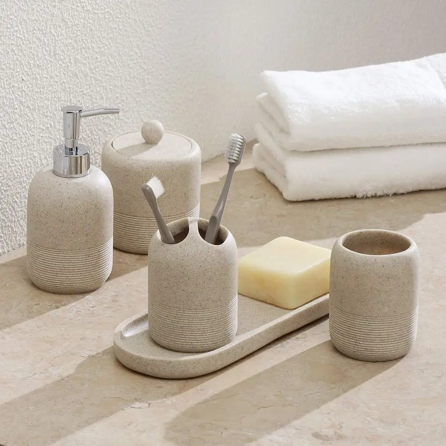 

Bathroom Accessory Set Hight Quality Polyresin EnsembleLotion Dispenser Toothbrush Holder Cotton Jar Tray Tumbler Cup, Beige