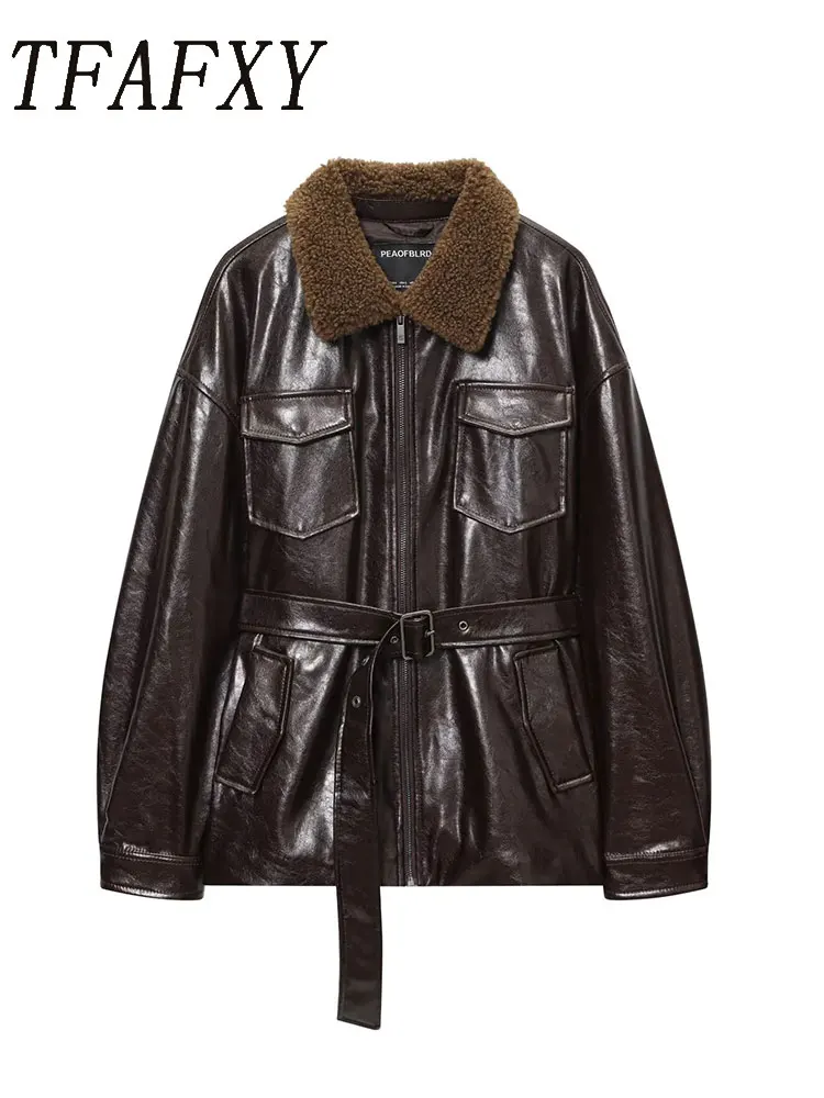 

TFAFXY Women Autumn Winter Leather Jackets New Fashion Laple Long Sleeves Zipper With Belt Jacket Lady Hight Street Elegant Coat