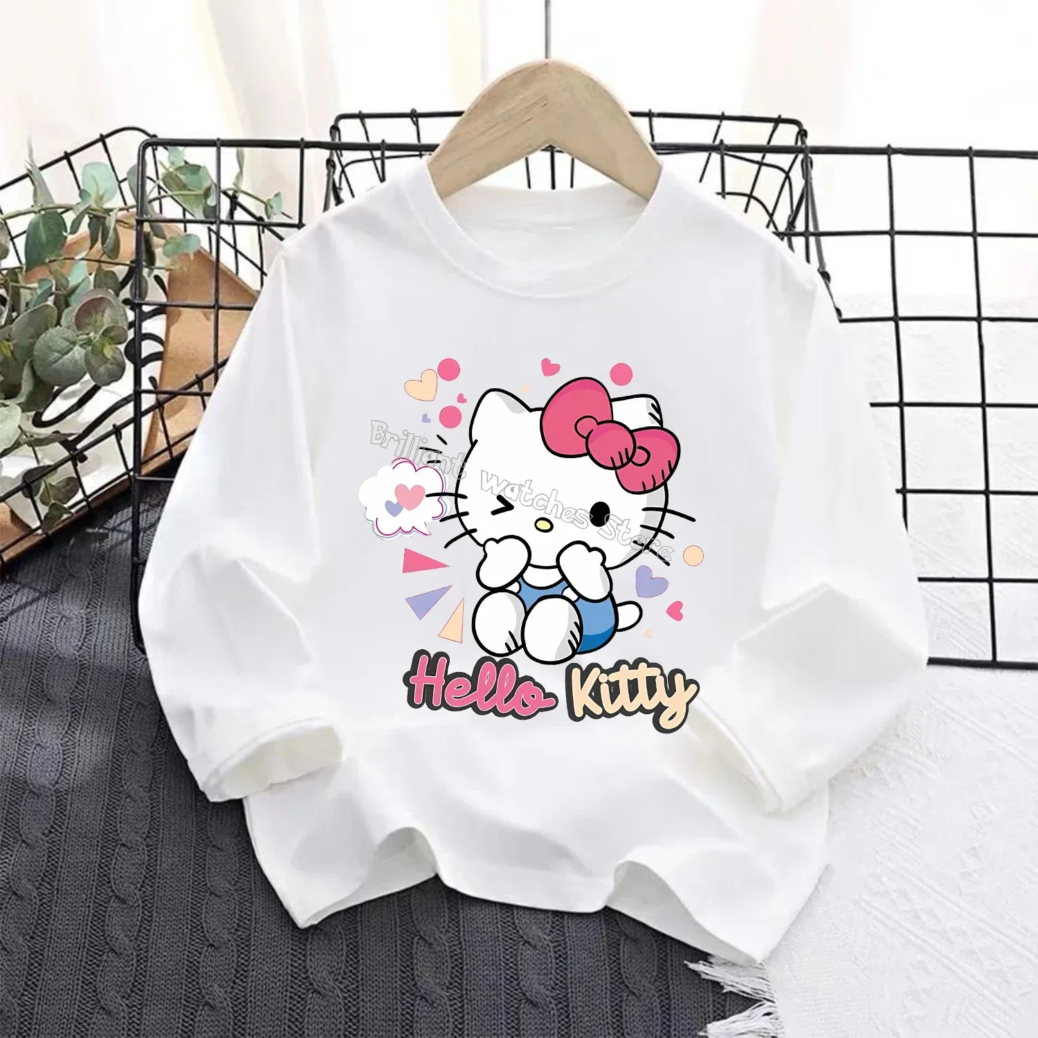 Hello Kitty Long Sleeve for Children Cute Cartoon T-shirt New Girls White Casual Clothes Blouse Fashion Kids Clothing Top Gift