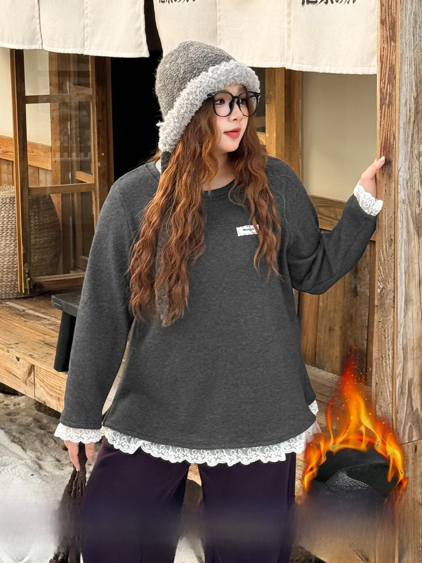 

plus Size Women's T-Shirt Korean Style Slimming Lace Patchwork Fleece Casual Spring Long Sleeve round Neck Geometric Pattern