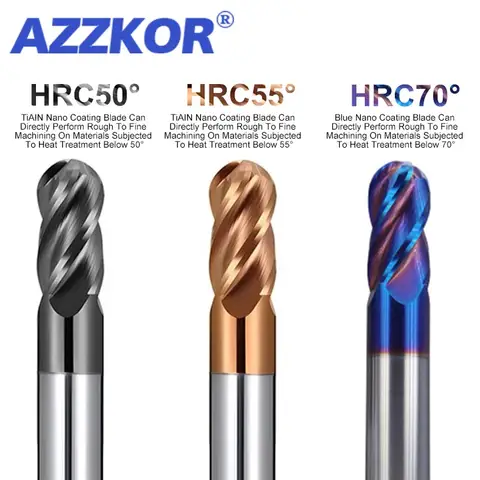 AZZKOR 강철 소재 엔드밀, 텅스텐 카바이드 CNC 밀링 커터 도구, 4 플루트 볼 엔드밀, HRC50/55/70, R0.5-R6 mm