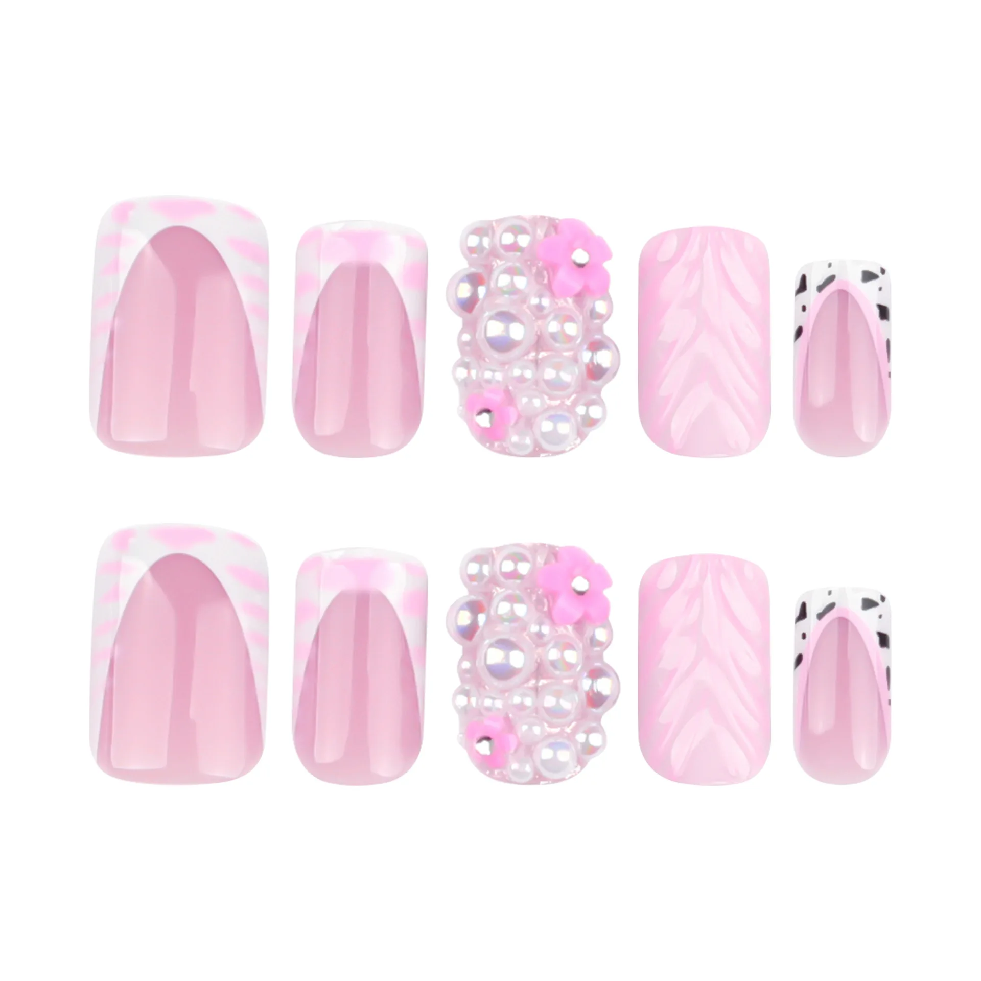 24 Stück mittelgroße Sargnägel zum Aufdrücken: 3D-Rosa-Wasserwellen mit hochglänzendem Glitzer, Perlen und roten Blumen
