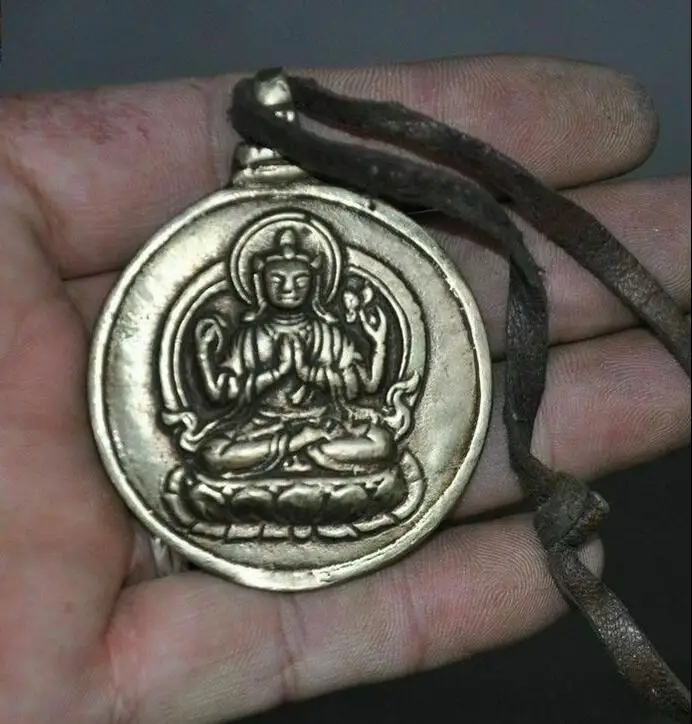 

Tibet fane Cattle leather Bronze 4 Arm Chenrezig Kwan-yin Statue Amulet Pendant