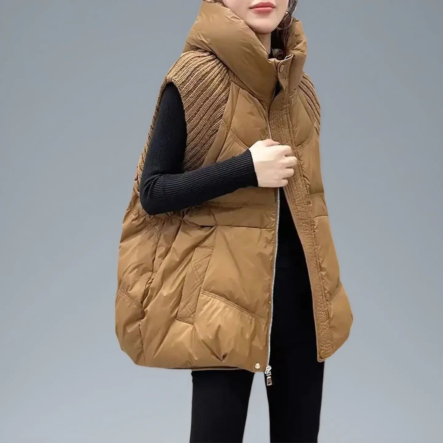 Chaleco de algodón de talla grande para mujer, diseño de empalme holgado coreano, ropa de abrigo gruesa y cálida de estilo viajero, cierre de cremallera de fibra de poliéster