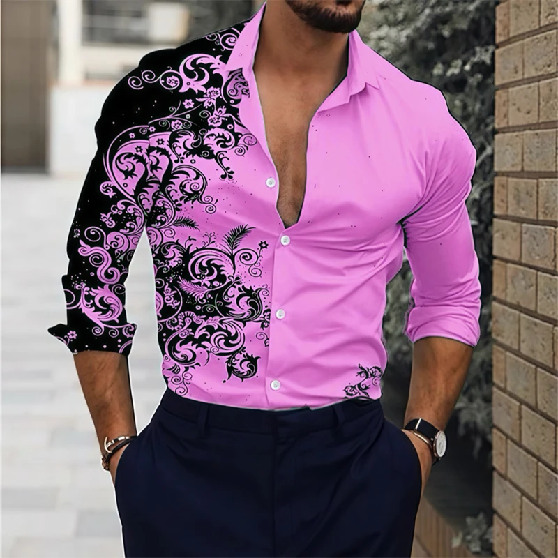 15 color new men\'s shirt lapel long -sleeved casual shirt 3D printing high -definition pattern comfortable fabric oversized size