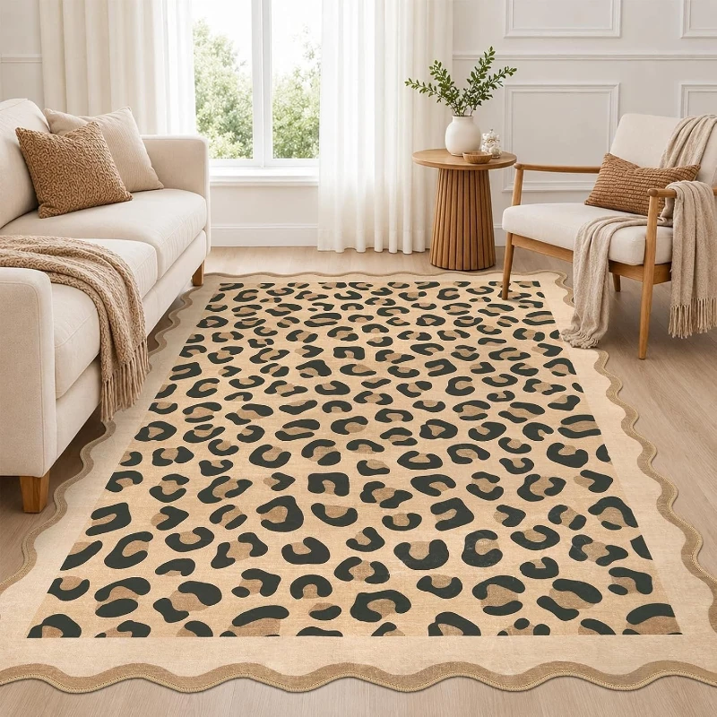 Living Room Carpet Soft Non-slip Machine Washable Floor Mat Vintage Brown Scalloped Leopard Rug Bedroom Carpets Home Decor Rugs