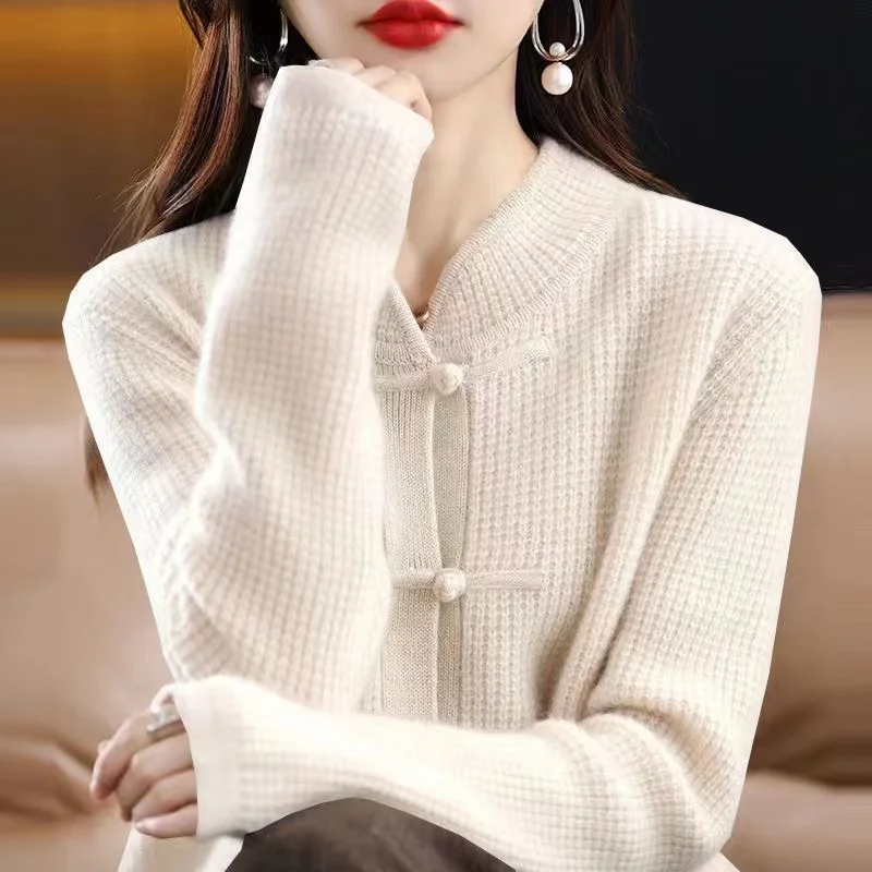 

Retro Knitted Cardigan Jacket Autumn Winter Women Stand Collar Frog Chinese Style Sweater Coat Casual Solid Knitwear Female Tops