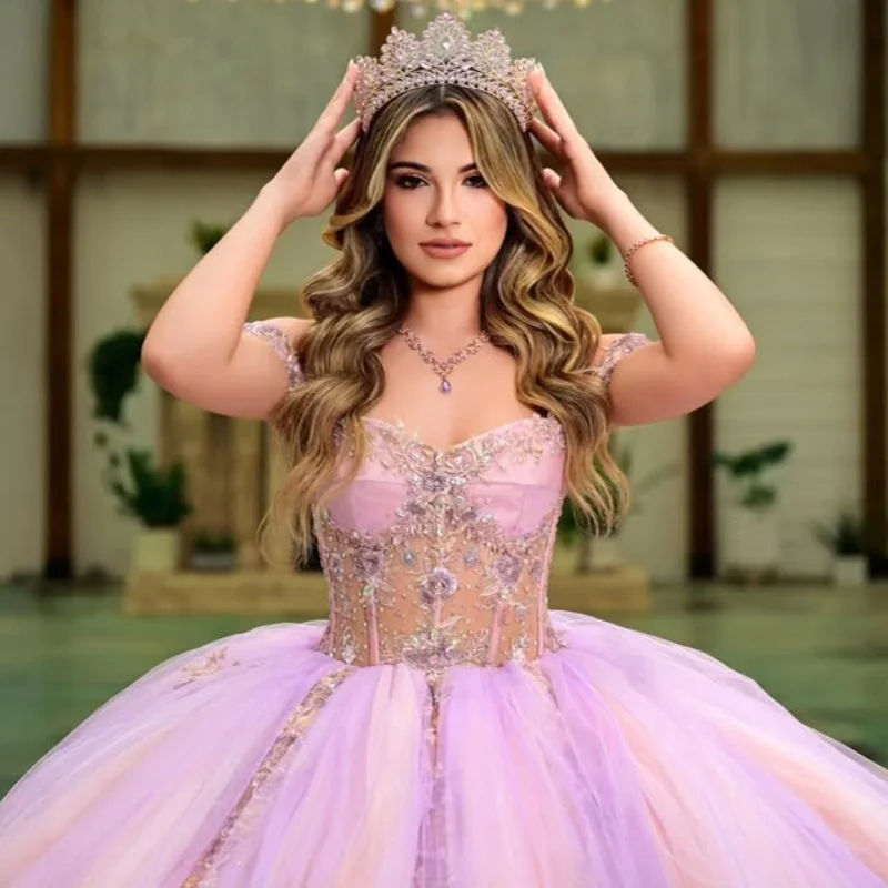 

Лавандово-фиолетовые платья Quinceanera по индивидуальному заказу с открытыми плечами и аппликацией из блесток 3D цветок с длинным хвостом из тюля Vestido 15 Quinceanera