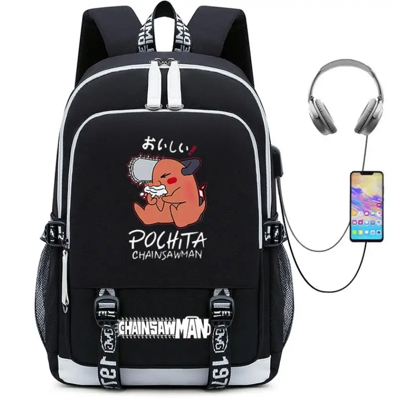 The Chainsaw Man Girls Backpack Fashion Teenager Bookbag Printing Canvas USB Charging Backpacks Laptop School-Bags Travel Female