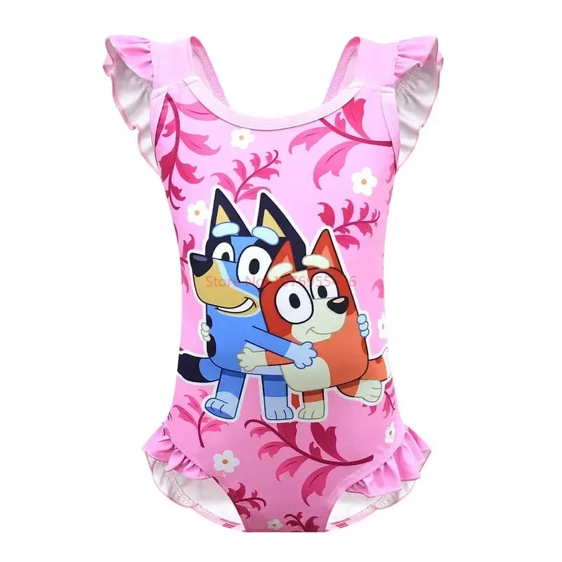 

2024 New Bluey Children's One-piece Swimsuit Animation Cute Bingo Family Girl Ruffled One-piece Swimsuit Girl Heart Gift