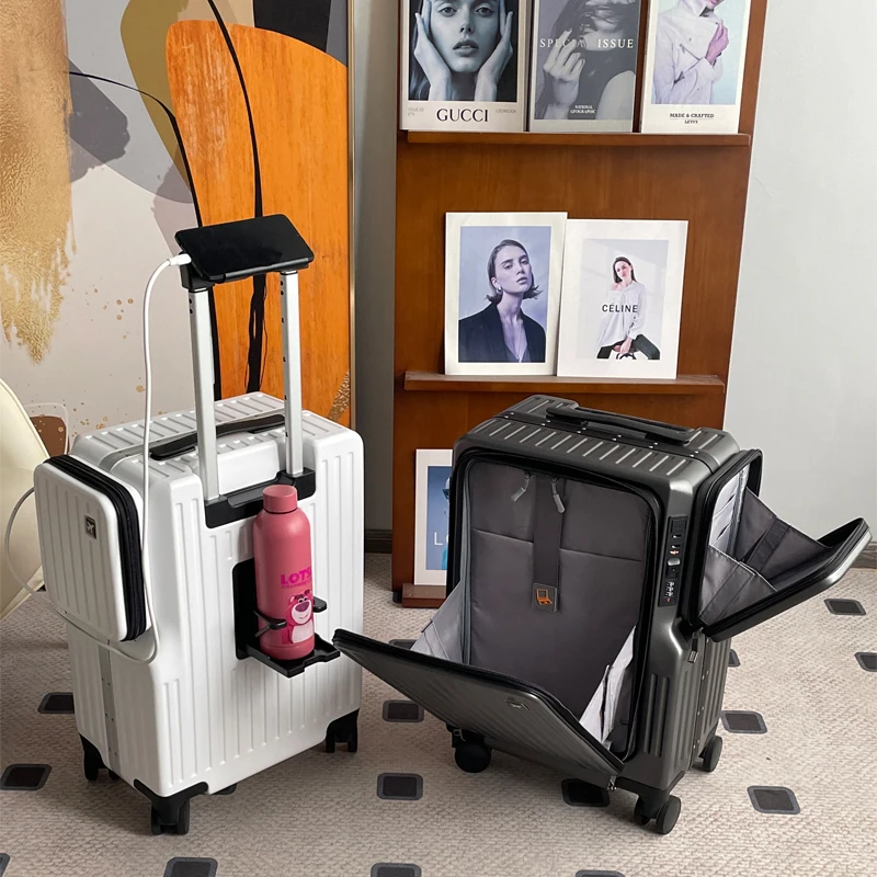 

NEW Double Opening Travel Suitcases Front Opening Aluminum Frame 20 Inch Boarding Box Anti-drop with USB Cup Holder Trolley Case