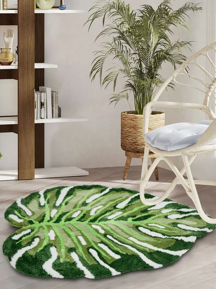 Plant Monstera Tufted Rug Irregular Plush Tropical Leaf Area Rug for Living Room Bathroom Green Monstera Fluffy Bath Floor Mat
