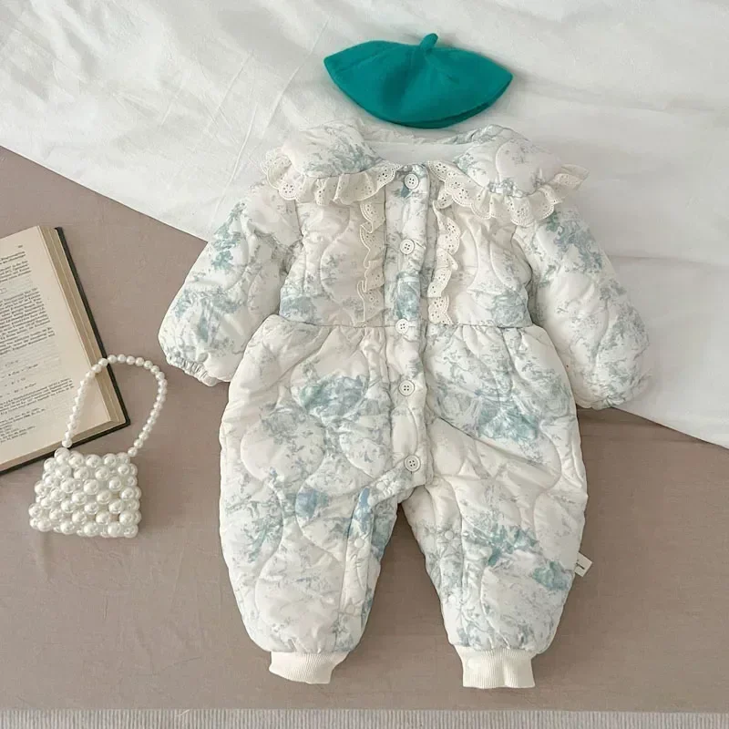 

2023 Winter Baby Girl Coat 0-3Years Newborn Princess Lace Peter Pan Collar Flower Down Jacket Fleece Thicken Warm Romper Outwear
