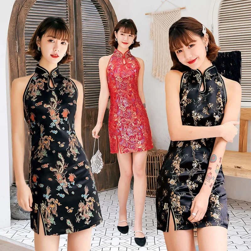 

Женское атласное мини-платье Yourqipao, красное элегантное платье в китайском стиле, без рукавов, большие размеры, элегантный стиль Ципао, на лето