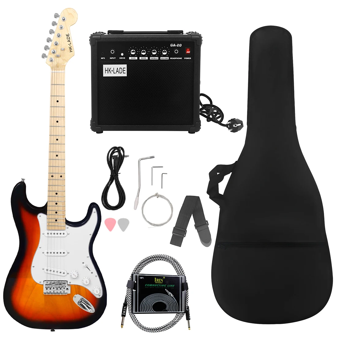 HK-LADE Sunset ST Electric Guitar Set Maple Fingerboard Electric Guitar Set with Sound Bag Strap Plectrum Strings Amplifier Part