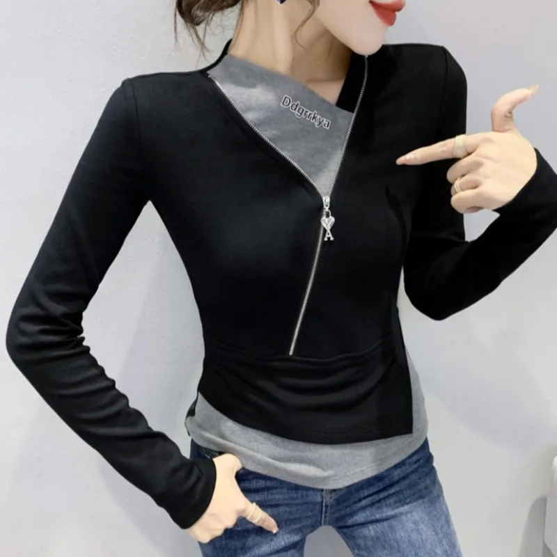 

#8443 Spring Autumn Long Sleeve T Shirt Women Spliced Color Short T Shirt Asymmetrical Collar Tight False Two Piece T-shirt Slim