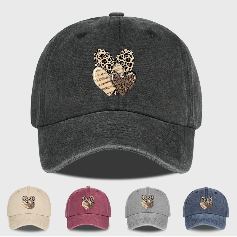 MLFO Baseballkappen mit Leopardenmuster und Herzmuster, gewaschen: Unisex, lässiger Stil, Retro-Sonnenhüte, modische Kopfbedeckung