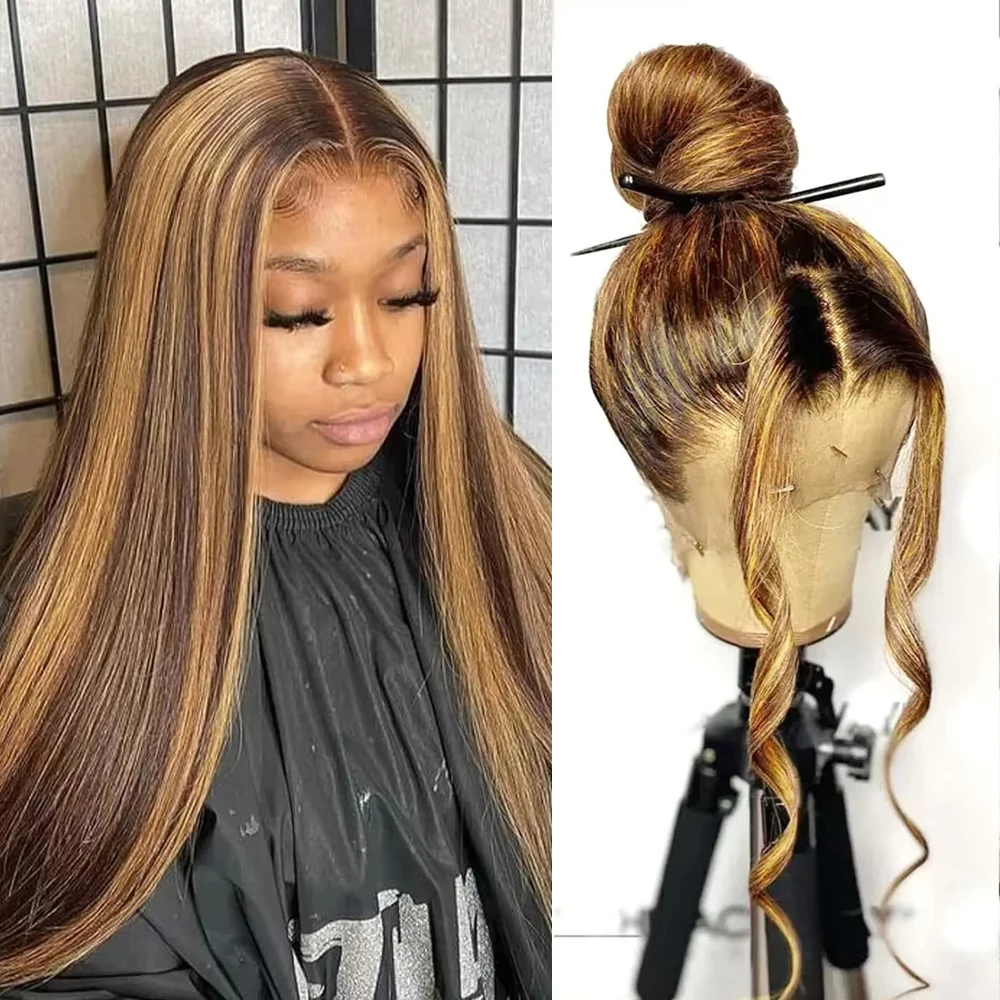 

30 42 Inch Straight 360 Full Lace Front Highlight Wig Human Hair 250% Colored 4/27 Honey Blonde Brazilian 13x6 Lace Frontal Wig