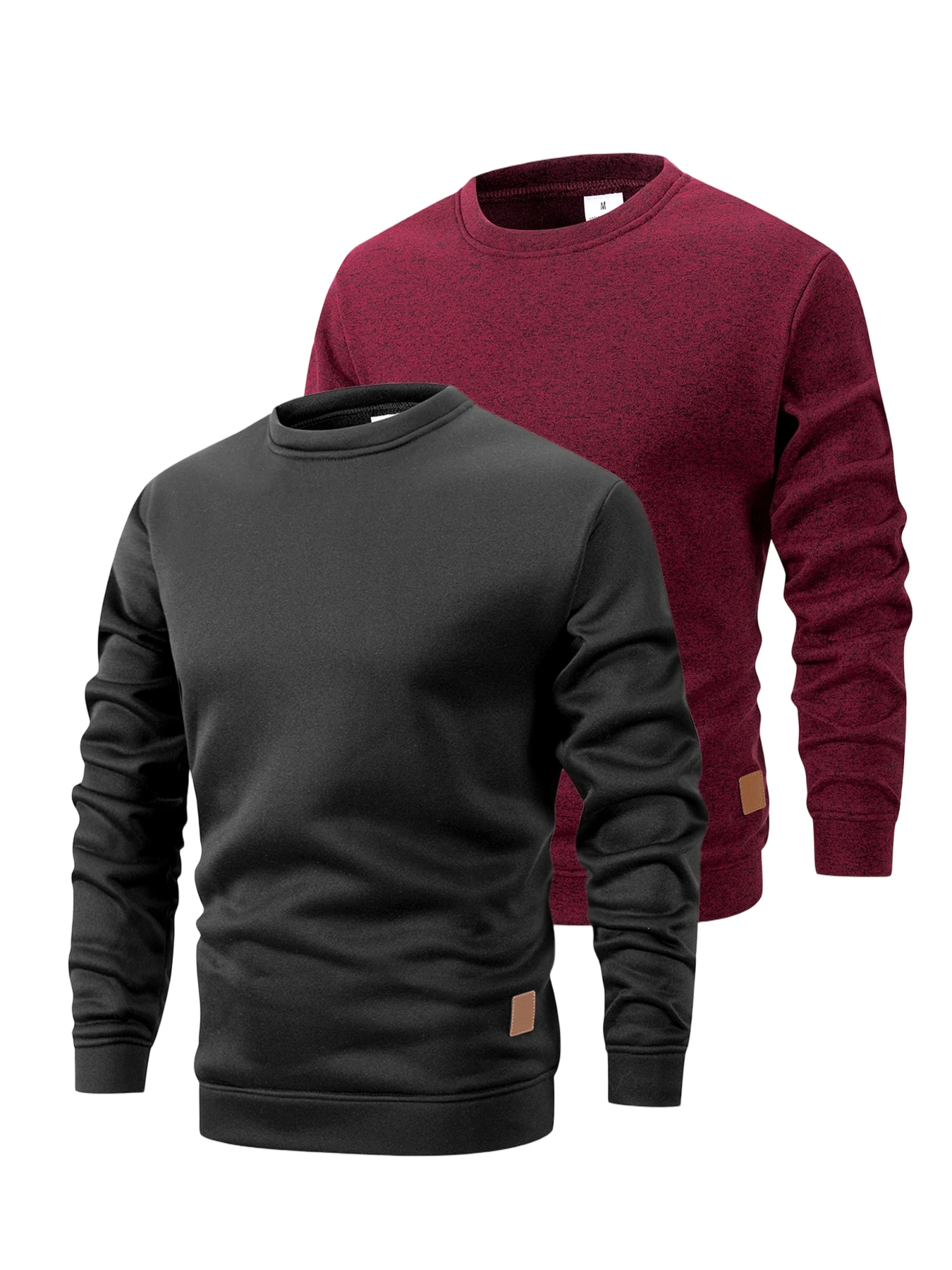 3PCS Men's Crewneck Sweatshirt Fleece Pullover Casual Soft Top Leather Patch Reinforced Stitching Long Sleeve