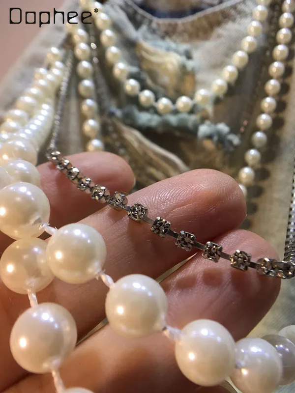 Summer New High-end Heavy Industry Beaded Pearl Chain Denim Shorts Fashion Personality High Waist Slim Ripped Jean Shorts Women