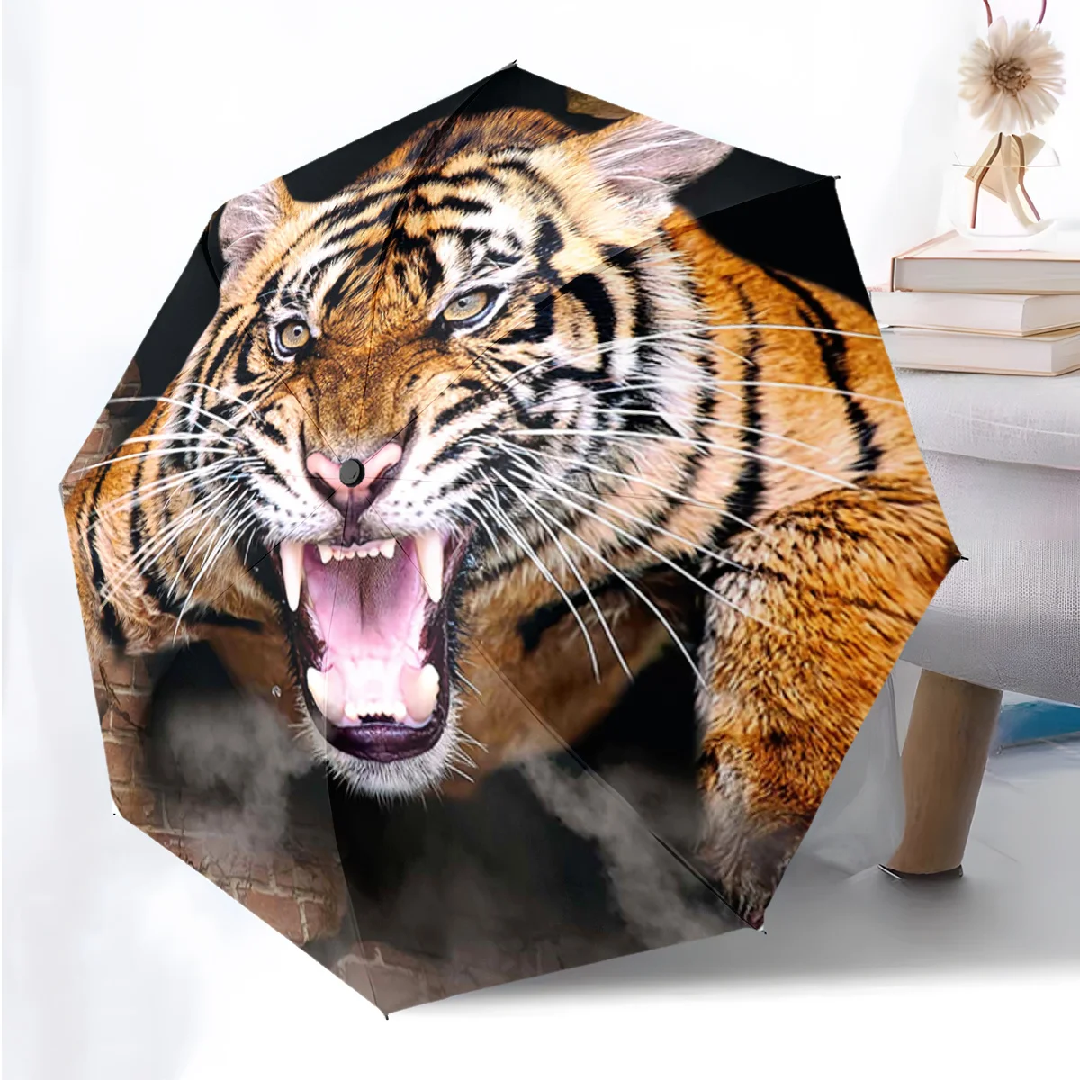 

Автоматический зонт с тигровым принтом, 8-спицевой ветрозащитной рамой, большим куполом и реалистичным дизайном тигра - портативный, 1 шт.